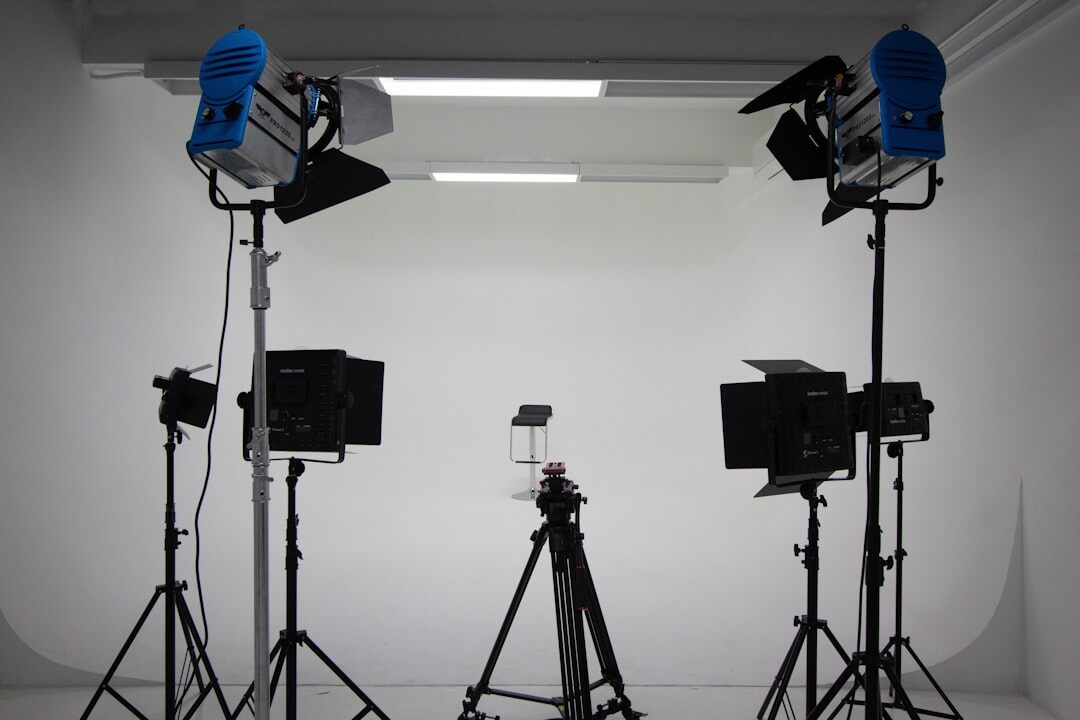 Professional TV studio with cameras and lighting equipment